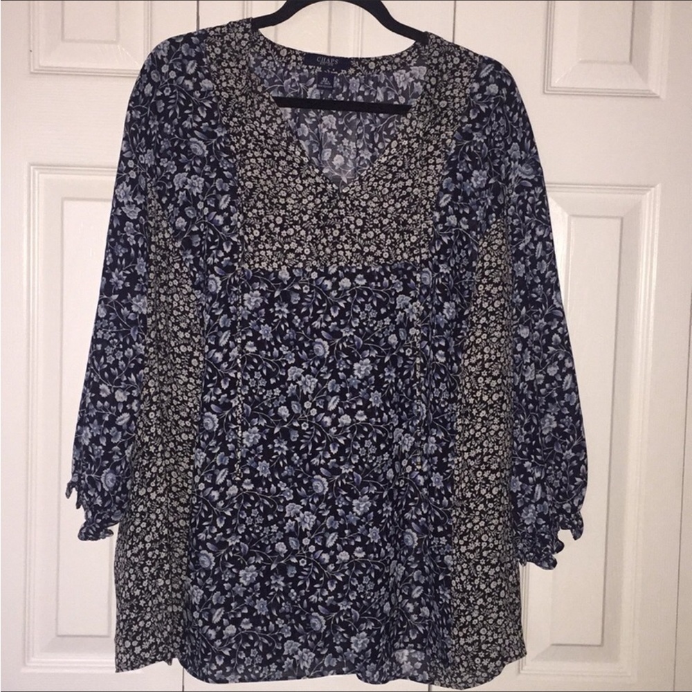 #275 CHAPS- Blue Multicolored Floral Semi Sheer Blouse- Sze. 3X